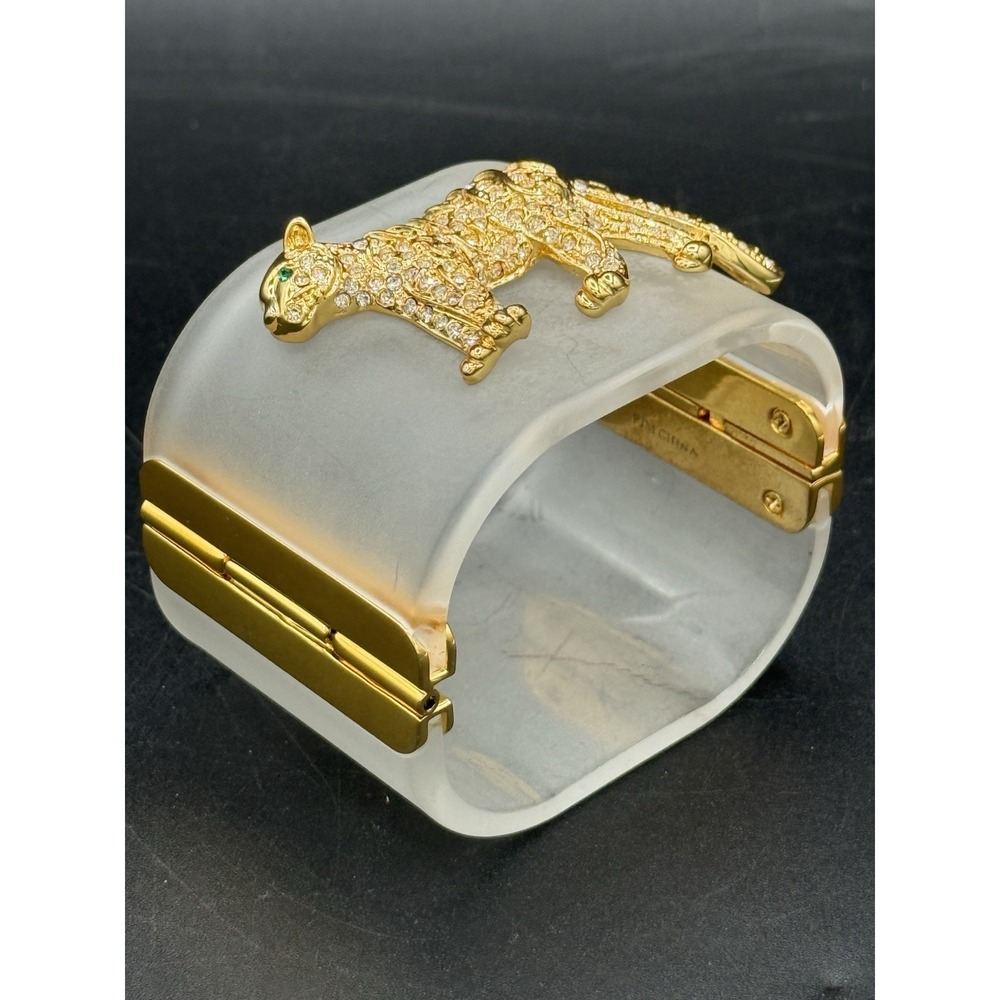 PJM China Frosted Lucite Panther Cuff Bracelet Vintage Gold Tone Rhinestone Cat